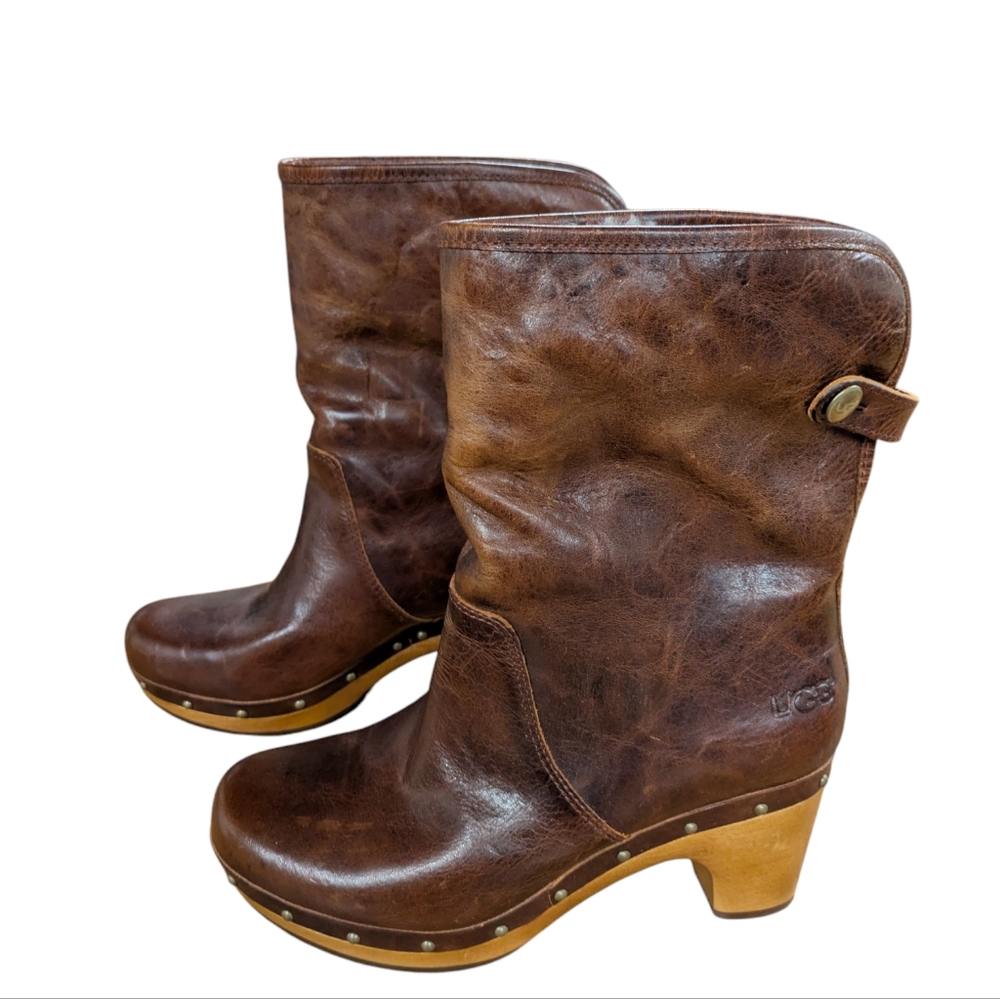 UGG Lynnea Fold Over Sheepskin Lined Brown Leather Boots Size 5 - Picture 14 of 14